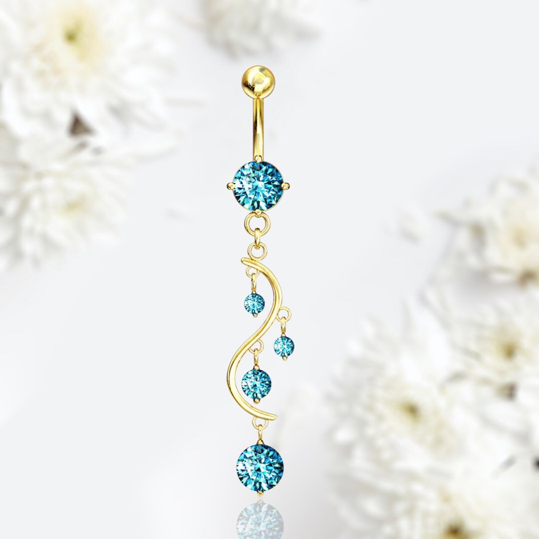 Gold Dangling Blue Solitaire Gems Belly Button Ring