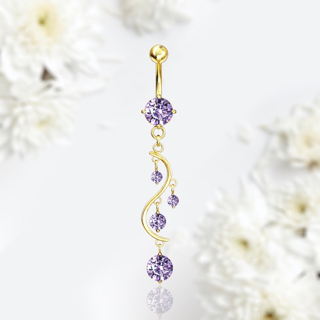 Gold Dangling Purple Solitaire Gems Belly Button Ring, Dangle Belly Button Ring, Belly Button Piercing