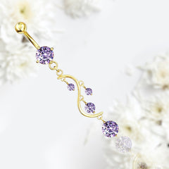 Gold Dangling Purple Solitaire Gems Belly Button Ring, Dangle Belly Button Ring, Belly Button Piercing