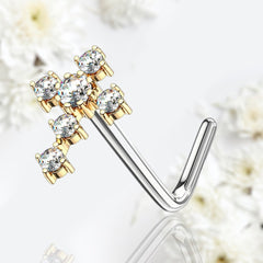 20G Gold Cross with Clear Gems L Shape Nose Stud