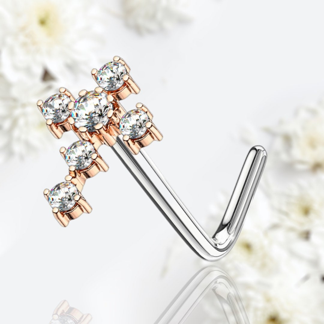 20G Rose Gold Cross with Clear Gems L Shape Nose Stud