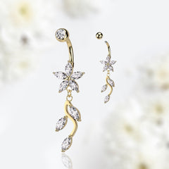 Gold Sparkling Marquise Flower Dangling Belly Button Ring