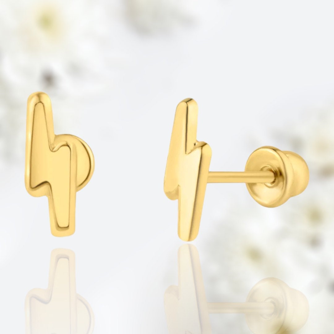 Dainty 14 Karat Gold Lightning Bolt Screw Back Earrings