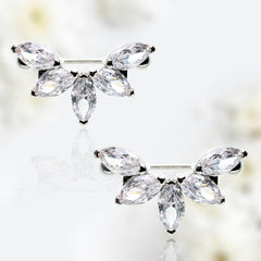 Pair of 14G Silver Sparkling Floral Marquis Gems Nipple Barbell