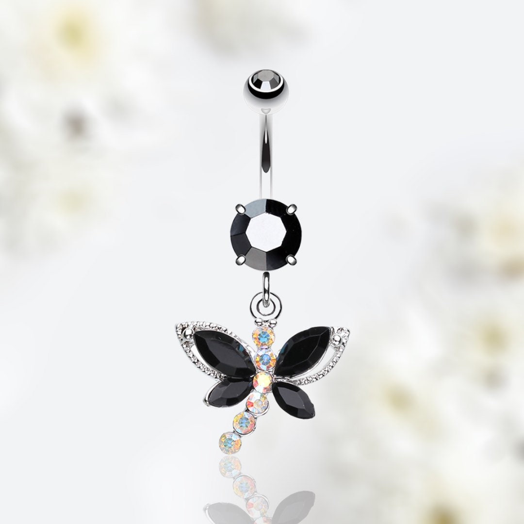 Silver Dangling Black Dragonfly Wings Belly Button Ring