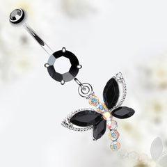 Silver Dangling Black Dragonfly Wings Belly Button Ring