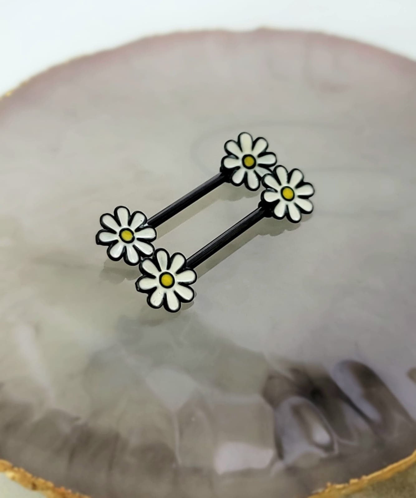 Pair of 14G Black and White Daisy Flower Ends Nipple Barbell