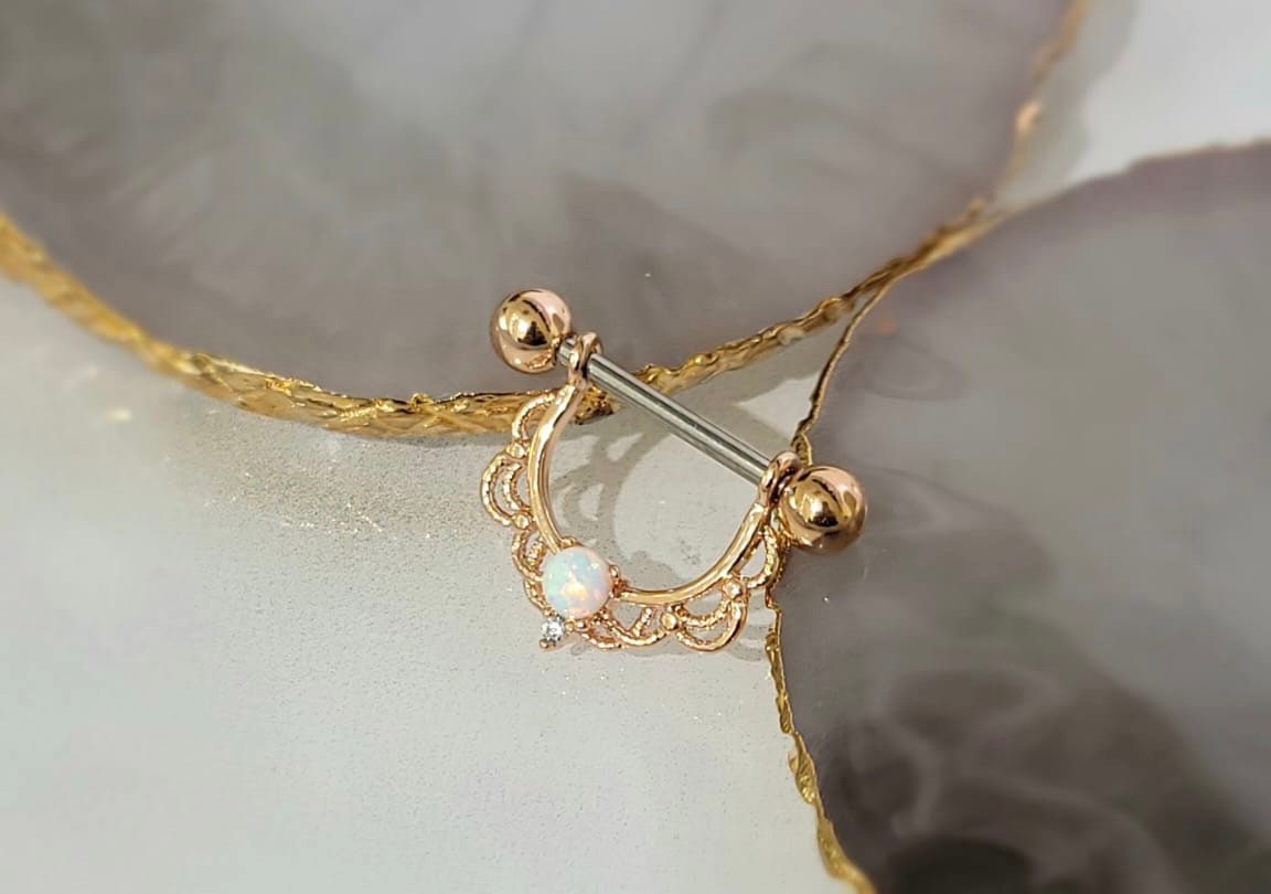 Pair of 14G Rose Gold White Opal Center Filigree  Dangling Nipple Barbell