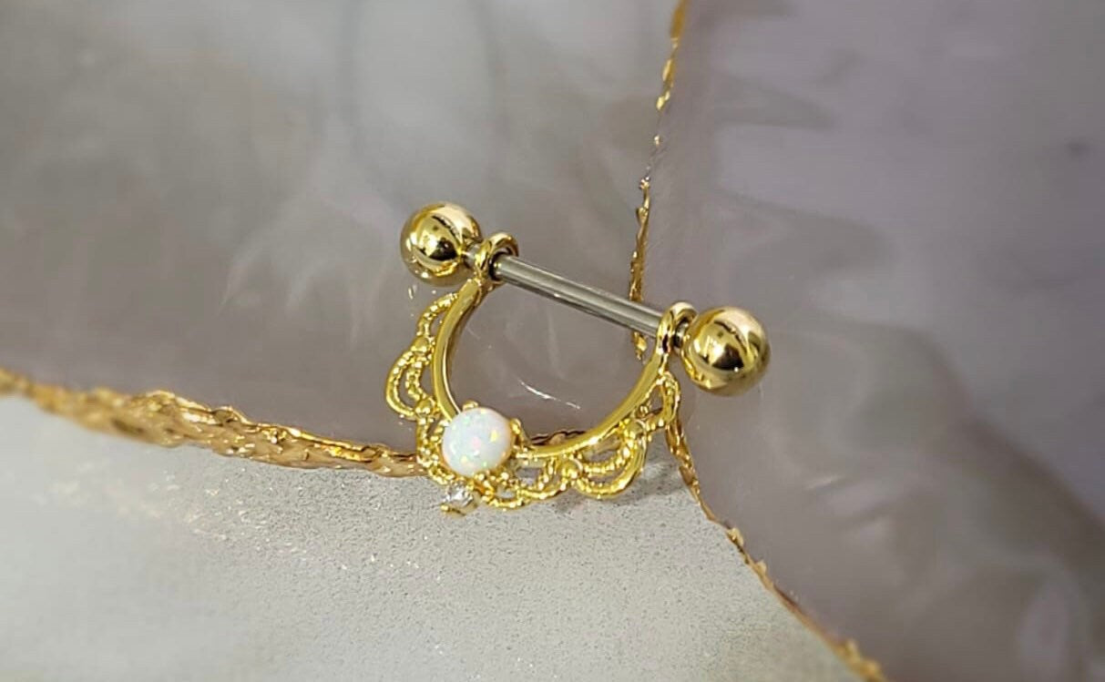 Pair of 14G Gold White Opal Center Filigree  Dangling Nipple Barbell