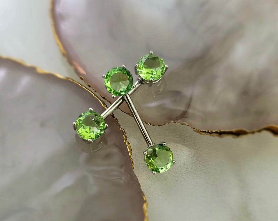 Pair of 14G Green Ends Nipple Barbell. Nipple Ring. Nipple Jewelry. Nipple Piercing