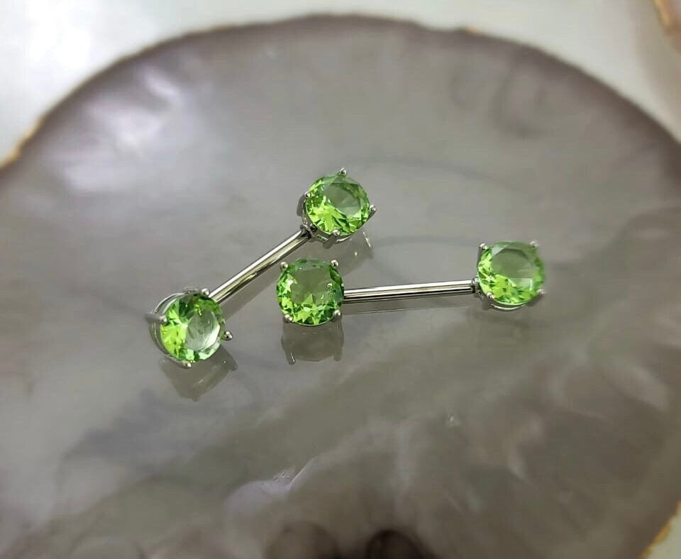 Pair of 14G Green Ends Nipple Barbell. Nipple Ring. Nipple Jewelry. Nipple Piercing