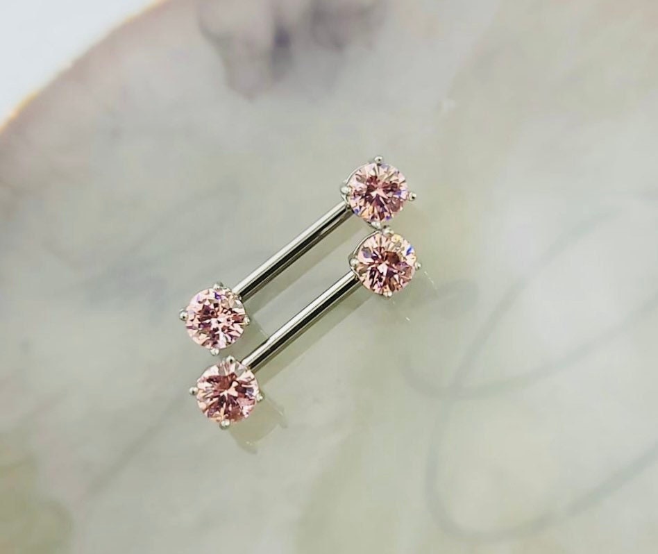 Pair of 14G Pink Gem Ends Nipple Barbell