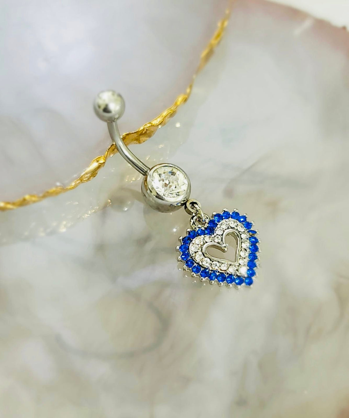 14G Silver Blue Heart Dangling Belly Button Ring