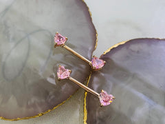 Pair of 14G Rose Gold Pink Heart Stone Nipple Barbells