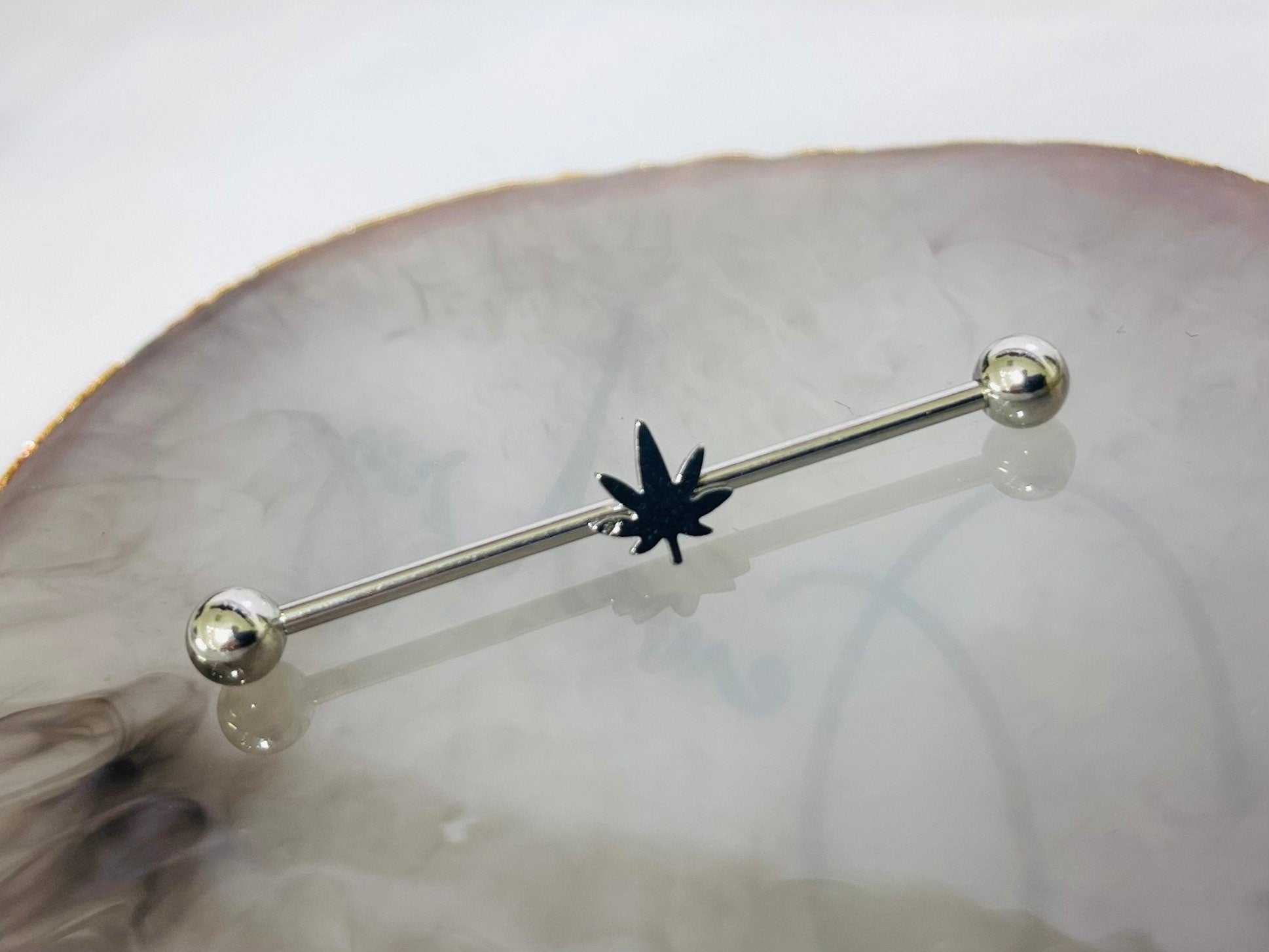 14G Silver Plain Marijuana Industrial Barbell