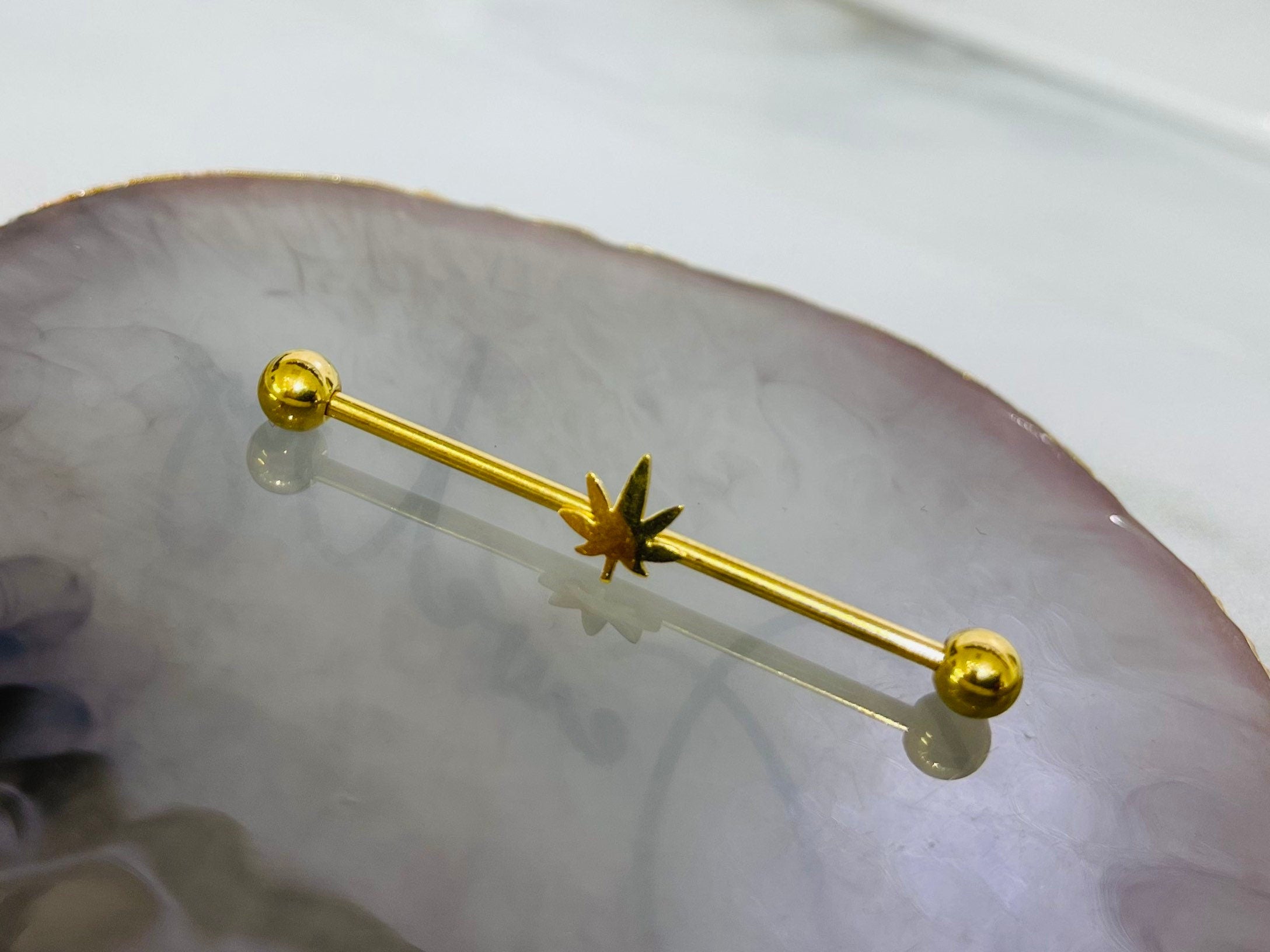 14G Gold Plain Marijuana Industrial Barbell