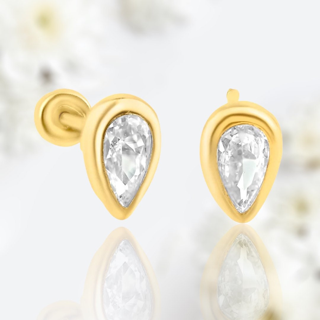 14K Yellow Gold Teardrop Clear Gem Center Screwback Earrings