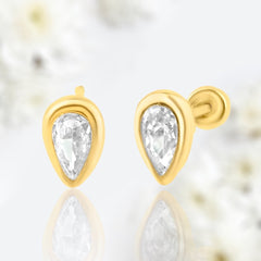 14K Yellow Gold Teardrop Clear Gem Center Screwback Earrings