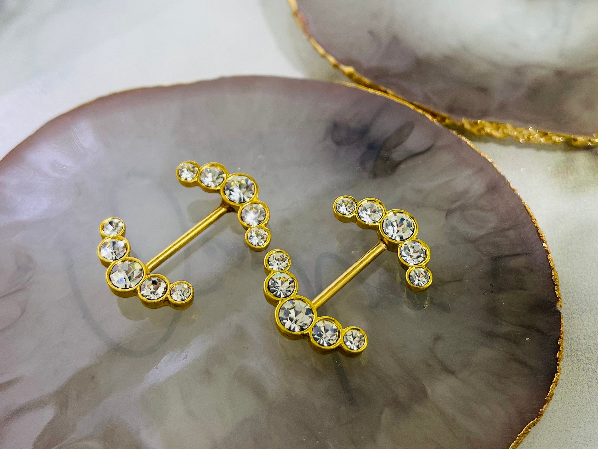 Pair of 14G Gold Sparkling Clear Gem Ends Nipple Barbells