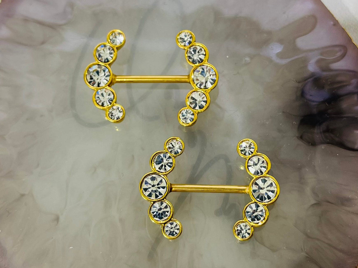 Pair of 14G Gold Sparkling Clear Gem Ends Nipple Barbells