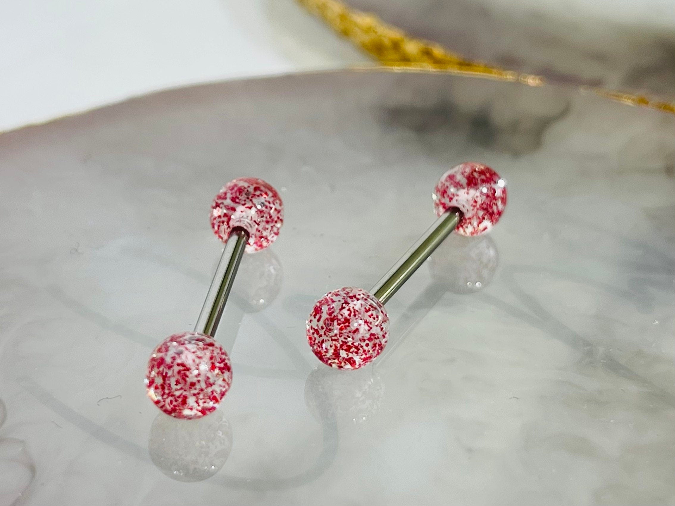 Pair of 14G Red Glitter Ball Ends Nipple Barbell