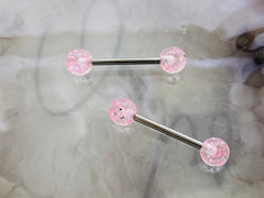 Pair of 14G Pink Glitter Ball Ends Nipple Barbell