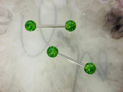 Pair of 14G Green Glitter Ball Ends Nipple Barbell