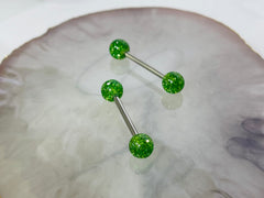 Pair of 14G Green Glitter Ball Ends Nipple Barbell