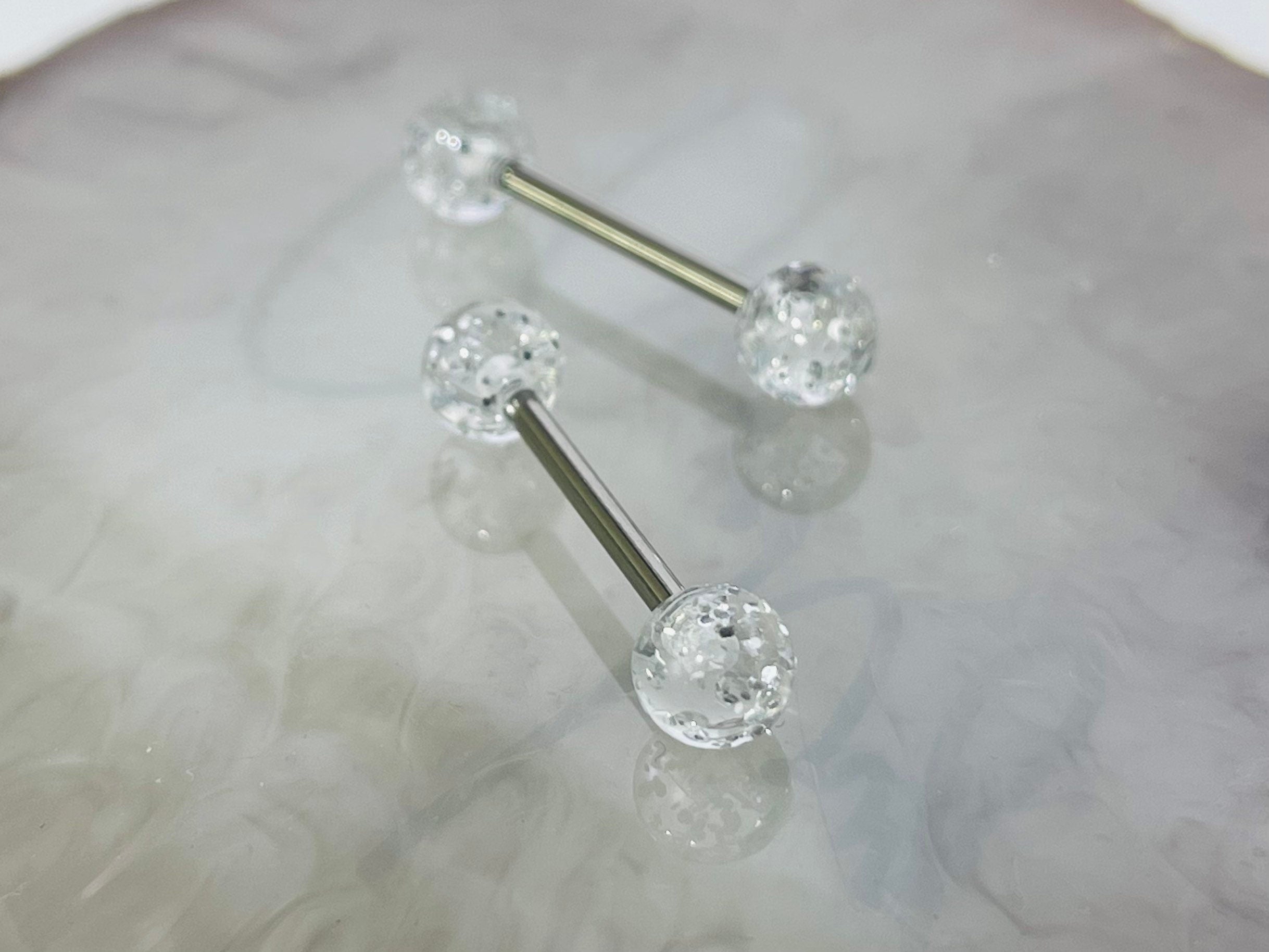 Pair of 14G Clear Glitter Ball Ends Nipple Barbell