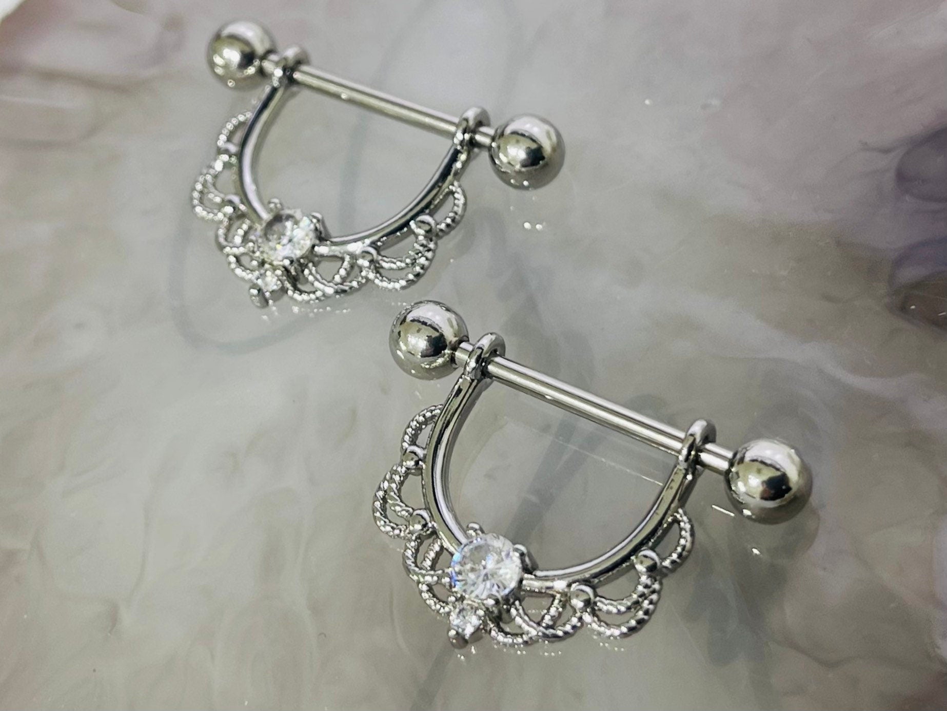 Pair of 14G Silver Clear Gem Filigree Dangle Nipple Barbell