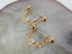 Pair of 14G Rose Gold Clear Gem Filigree Dangle Nipple Barbell