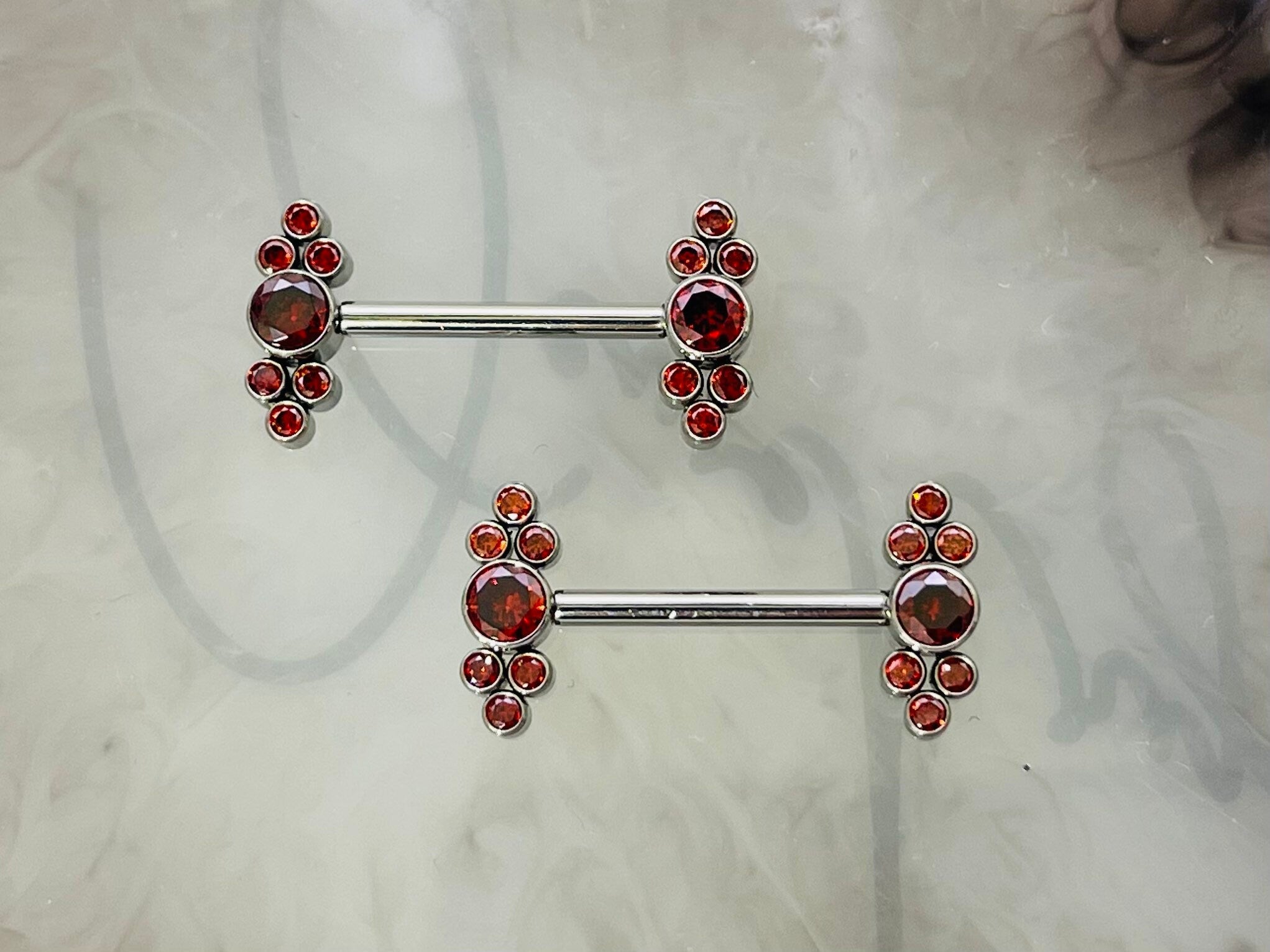 Pair of 14G Implant Grade Titanium Internally Threaded Sparkling Bezel Set Red Gem End Nipple Barbell