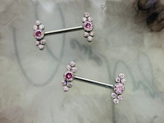 Pair of 14G Implant Grade Titanium Internally Threaded Sparkling Bezel Set Pink Gems End Nipple Barbell