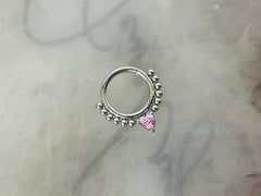 16G Silver Dainty Pink Heart Center Hinged Septum Clicker Ring