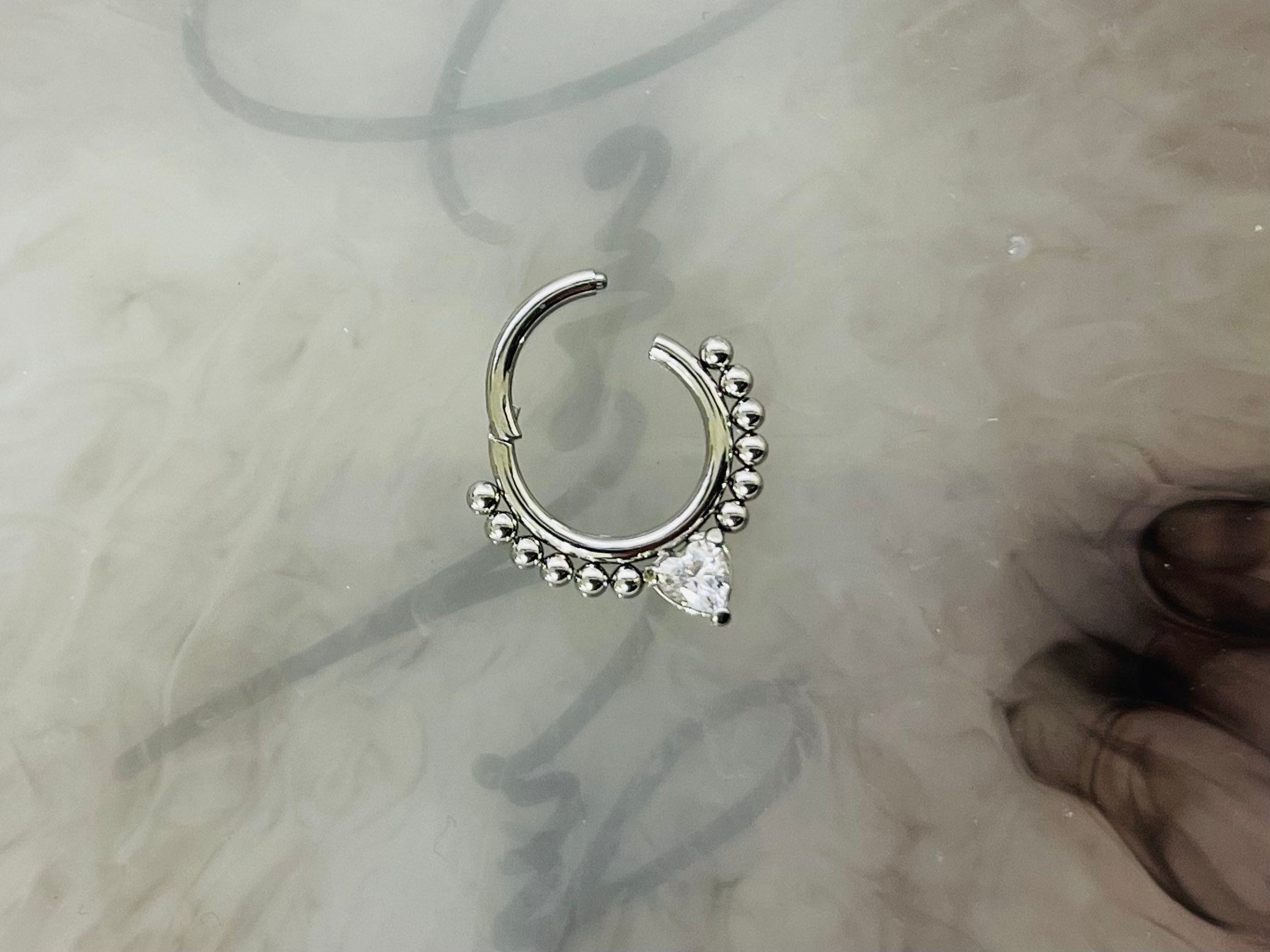 16G Silver Dainty Clear Gem Heart Center Hinged Septum Clicker Ring