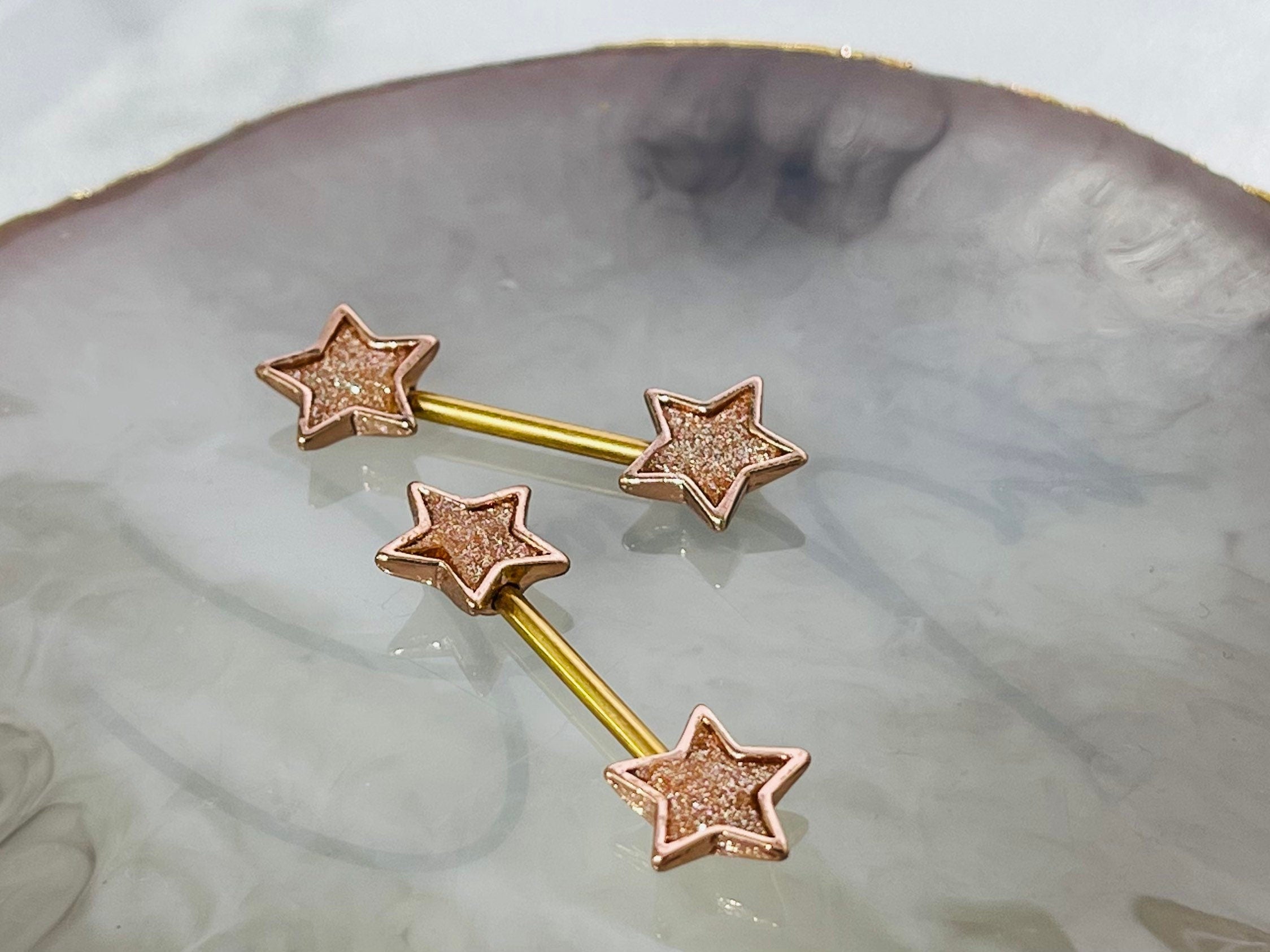 Pair of 14G Rose Gold Glitter Star Ends Nipple Barbell. Nipple Jewelry. Nipple Rings. Nipple Piercing