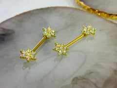 Pair of 14G Gold Multicolor Gem Flower Ends Nipple Barbell