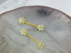 Pair of 14G Gold Multicolor Gem Flower Ends Nipple Barbell