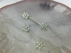 Pair of 14G Silver Multicolor Gem Flower Ends Nipple Barbell