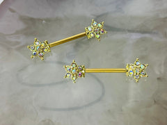 Pair of 14G Gold Multicolor Gem Flower Ends Nipple Barbell