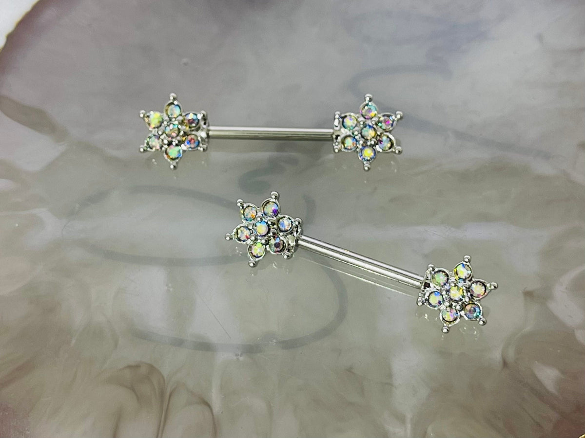 Pair of 14G Silver Multicolor Gem Flower Ends Nipple Barbell