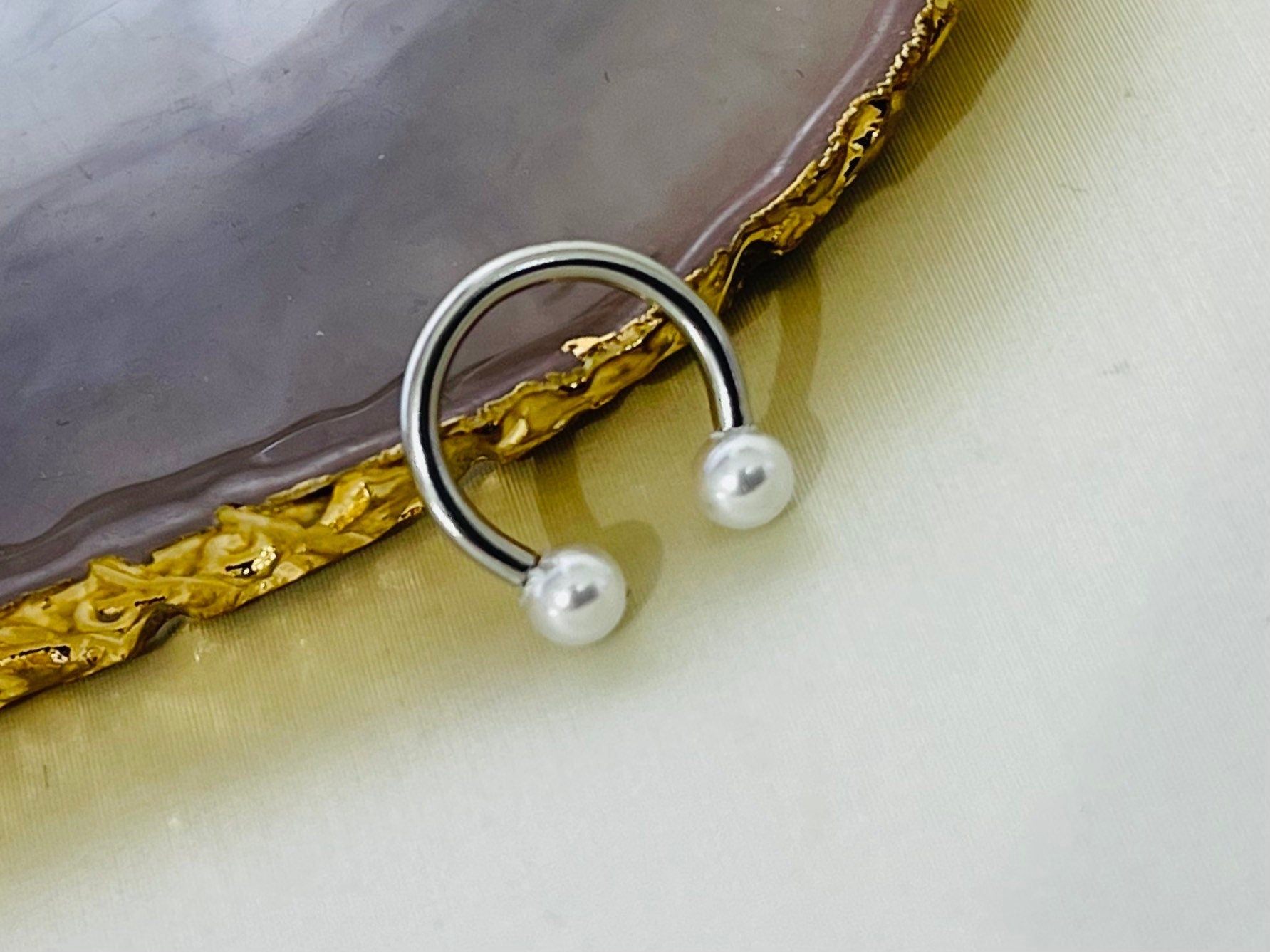 16G Silver White Pearls Horseshoe Ring for Septum Cartilage Daith Helix Piercings