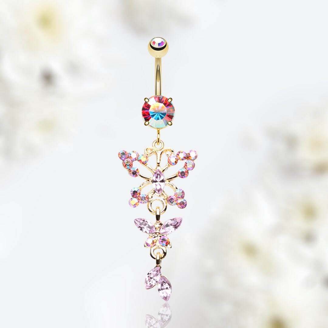 14G Pink Butterfly Fall Belly Button Ring