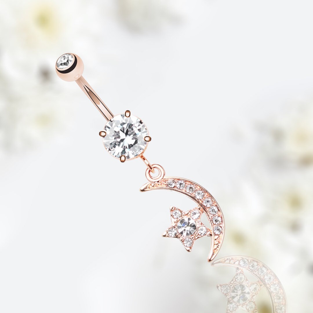 14G Rose Gold Dainty Moon & Star Dangling Belly Button Ring