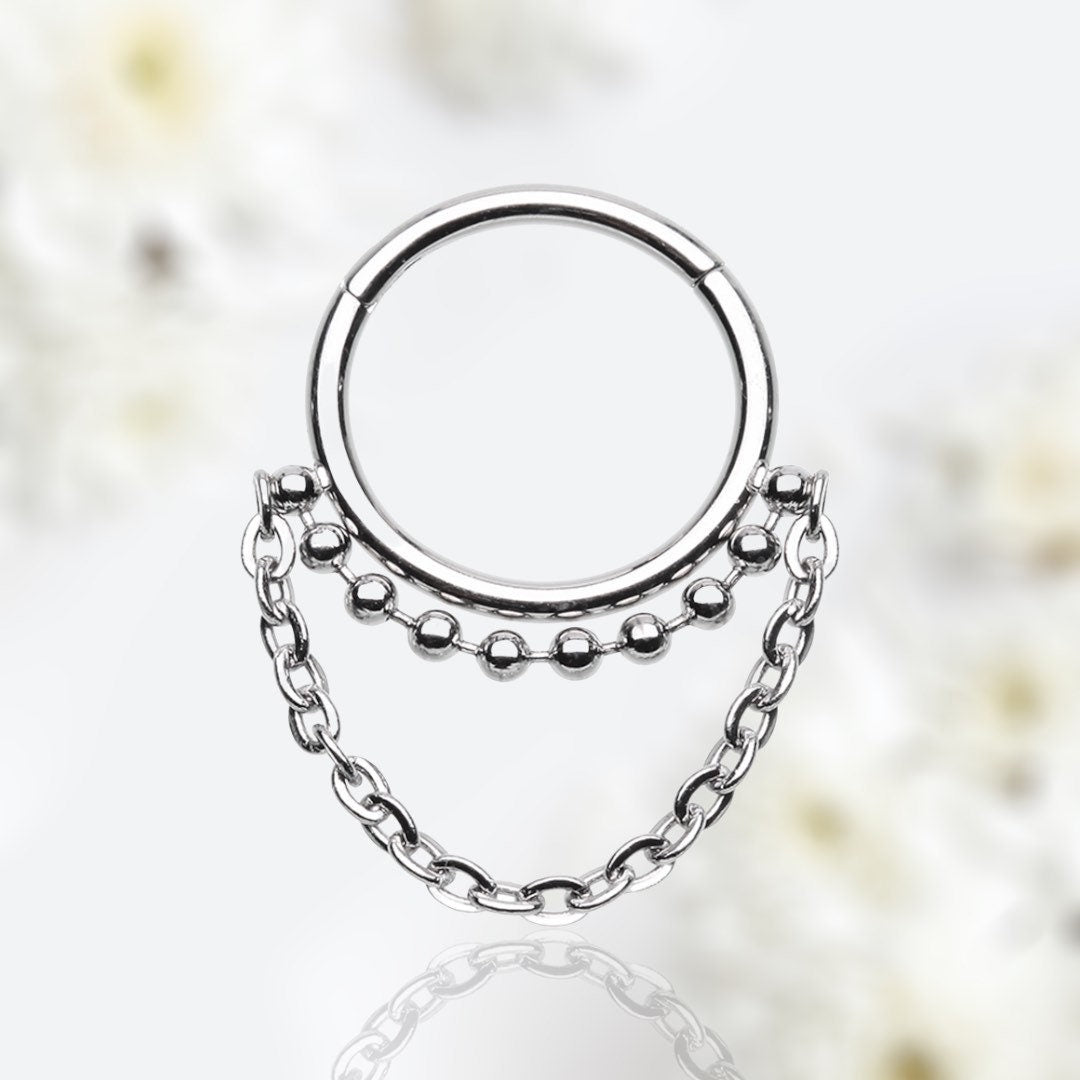 16G Silver Dangling Chain Beaded Seamless Septum Clicker Ring