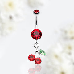 14G Silver Red Gem Cherry on Top Belly Button Ring. Belly Piercing