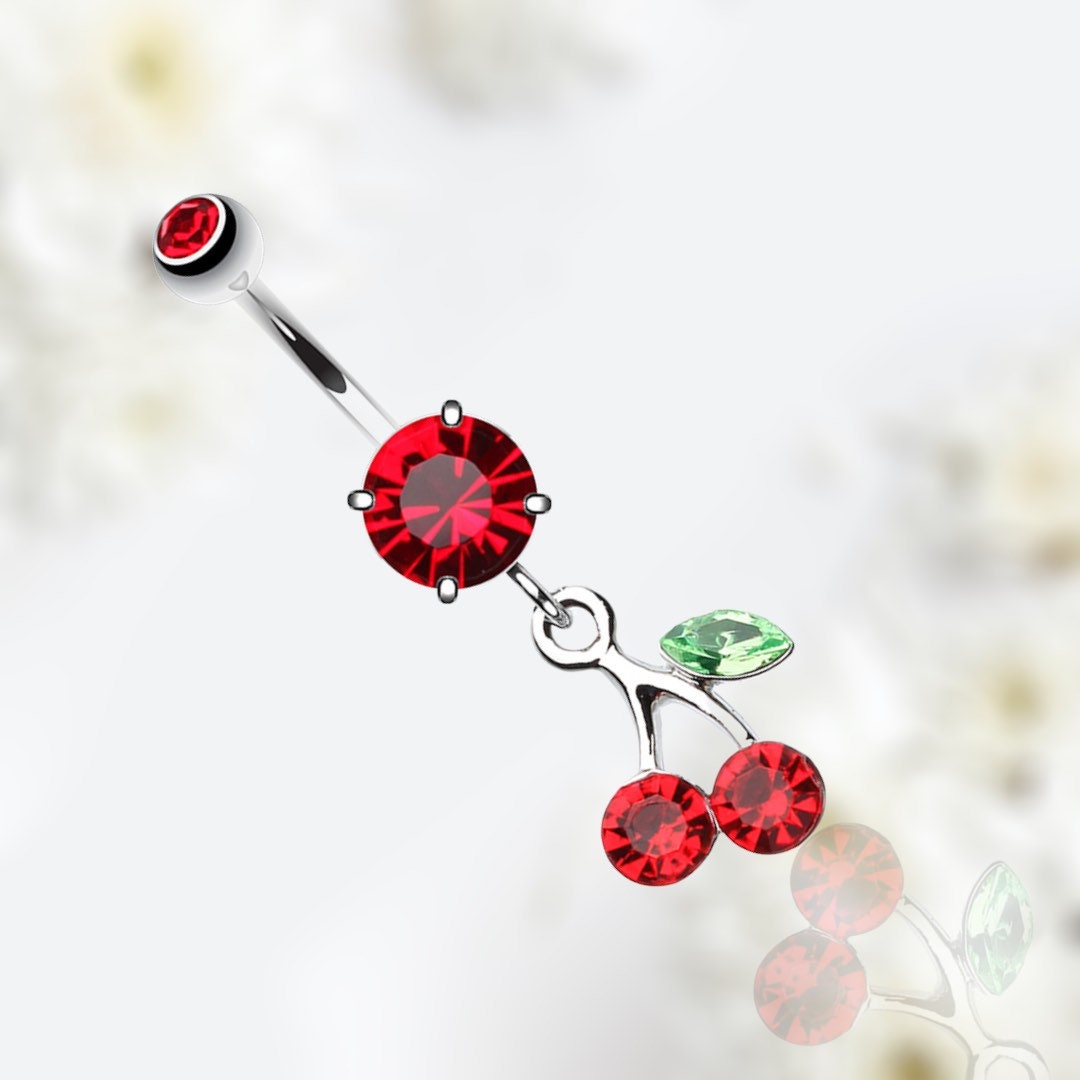 14G Silver Red Gem Cherry on Top Belly Button Ring. Belly Piercing