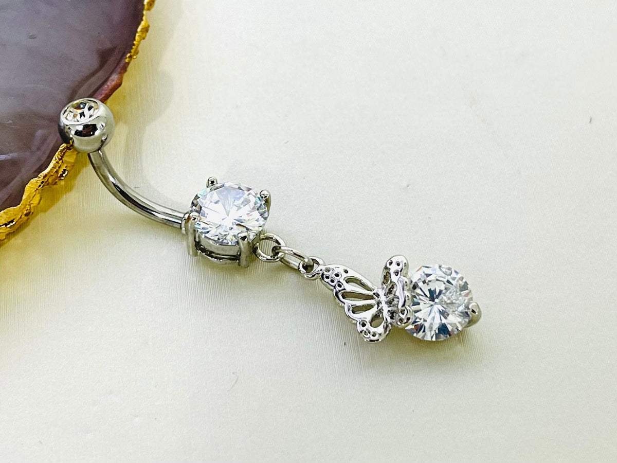 Dainty Silver Sparkling Clear Gem Dangling Butterfly Belly Button Ring