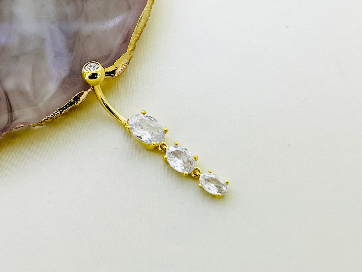 Dainty Gold Triple Oval Gem Dangling Belly Button Ring