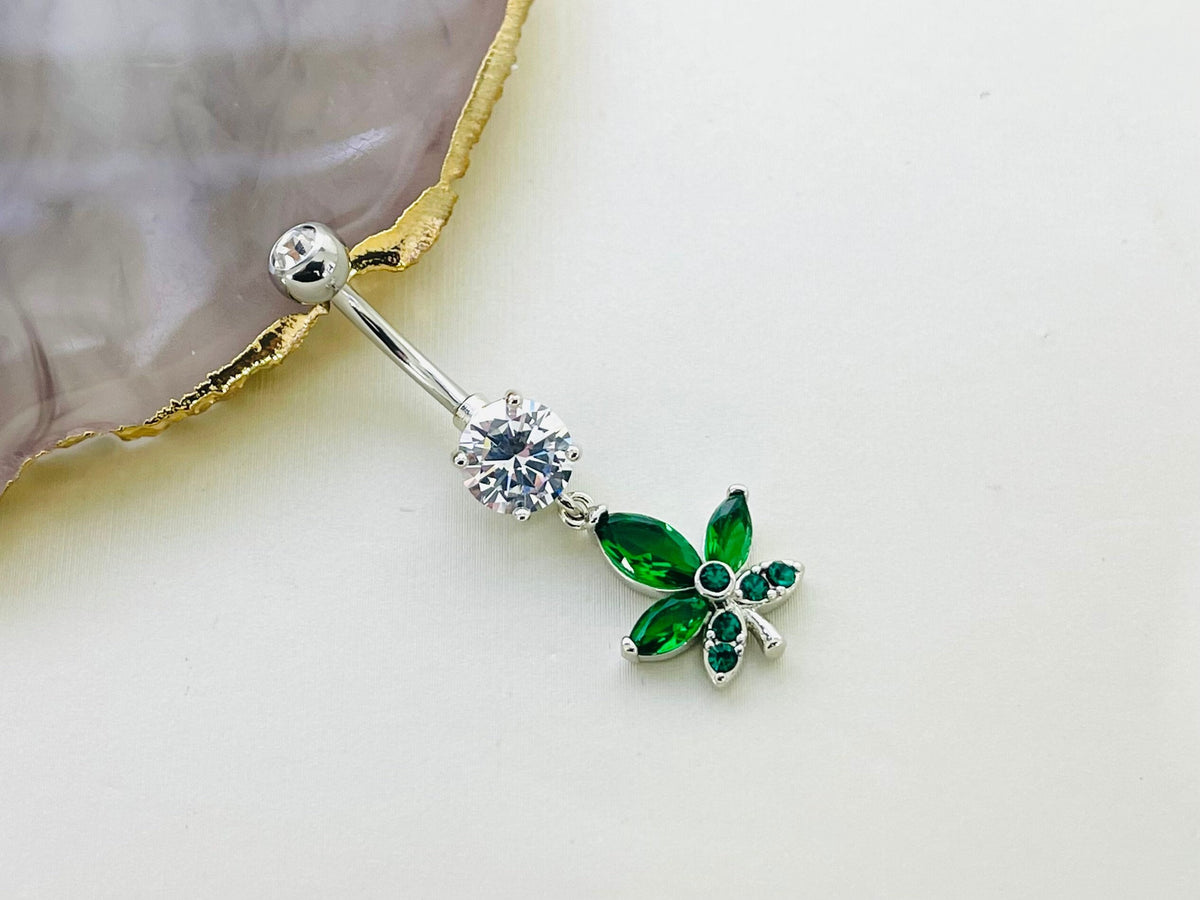 Silver Cannabis Dangling Leaf Belly Button Ring